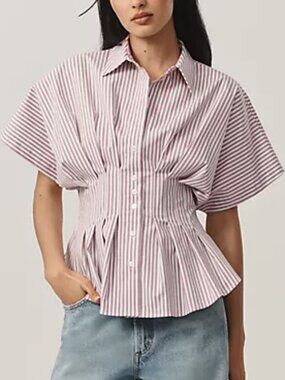 EXQUISE ANTHROPOLOGIE The Tobie short-sleeve lilac striped pleated blouse